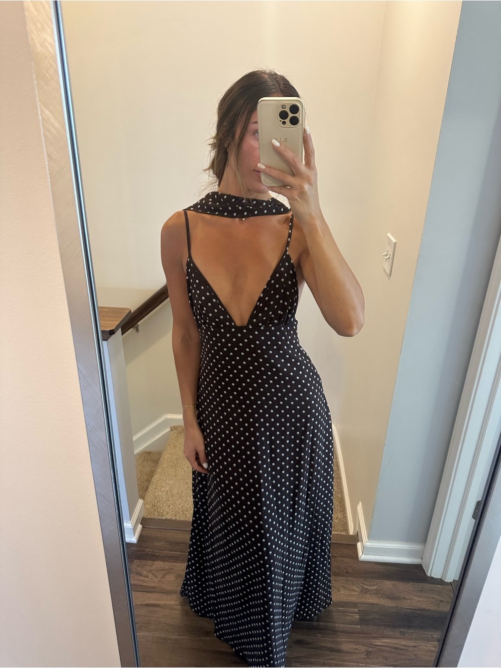 Black Polka Dot Maxi Dress with Deep V and Neck Tie